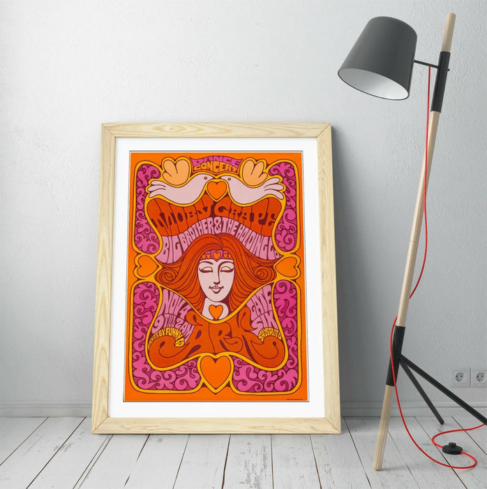 Vintage Music Poster – Psychedelic Wall Art With Woodgrain Frame & Archival Ink Print