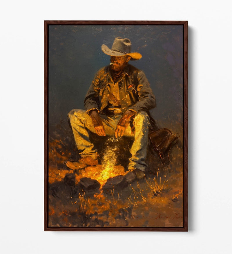 Canvas Art Print – Western Cowboy Campfire Scene With Premium Float Frame