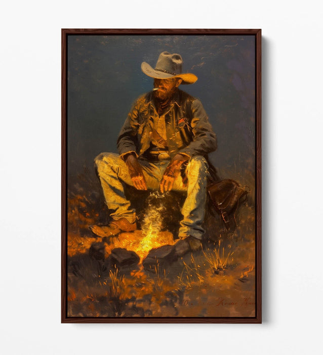Canvas Art Print – Western Cowboy Campfire Scene With Premium Float Frame