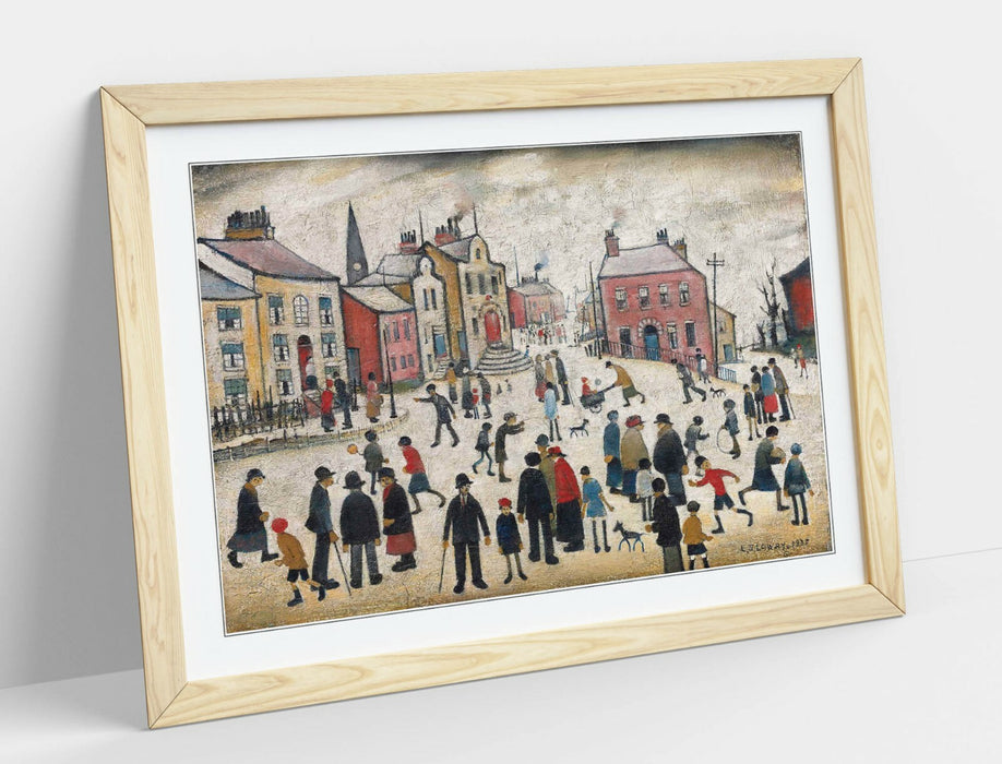 LS LOWRY, PEOPLE STANDING ABOUT -FRAMED POSTER WALL ART PRINT ARTWORK- BEIGE
