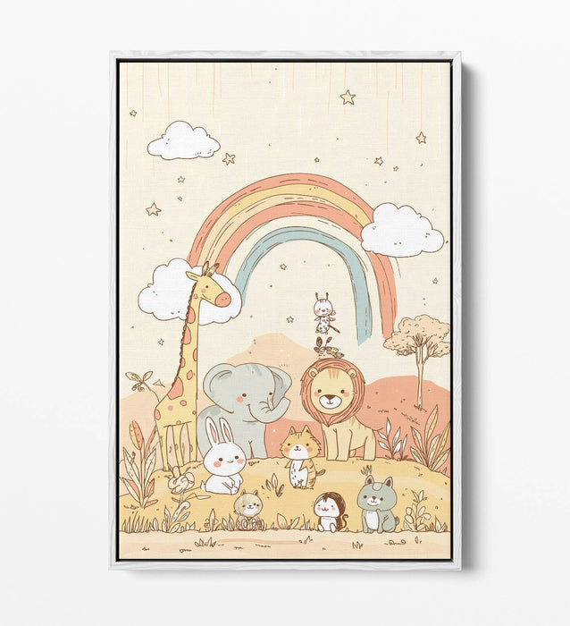 Pastel Canvas Wall Art - Cute Animal Artwork With Rainbow Float Effect Frame