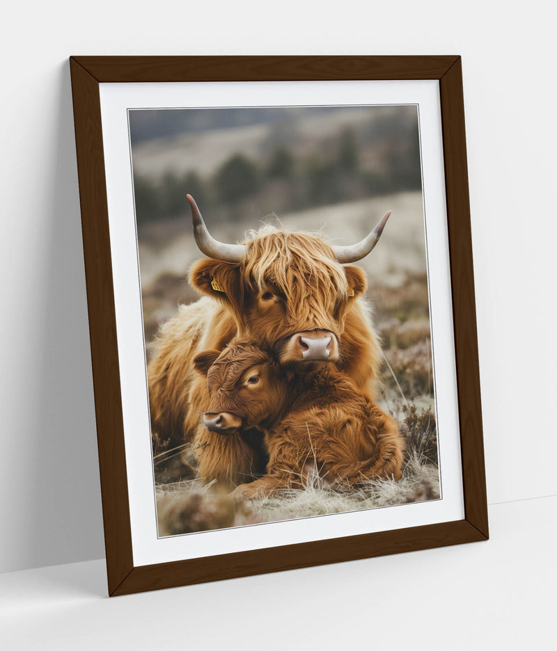 Highland Cow Wall Art – Framed Mother And Calf Animal Poster Print 4 Sizes