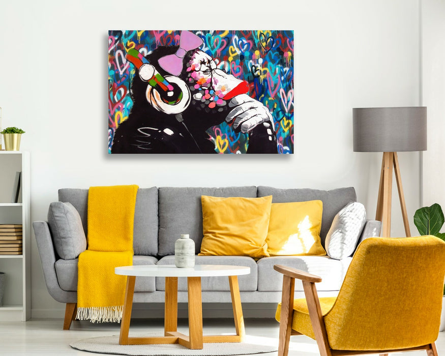 MONKEY DJ BANKSY STYLE LOVE WALL CANVAS STREET WALL ART PRINT - FEMALE GORILLA