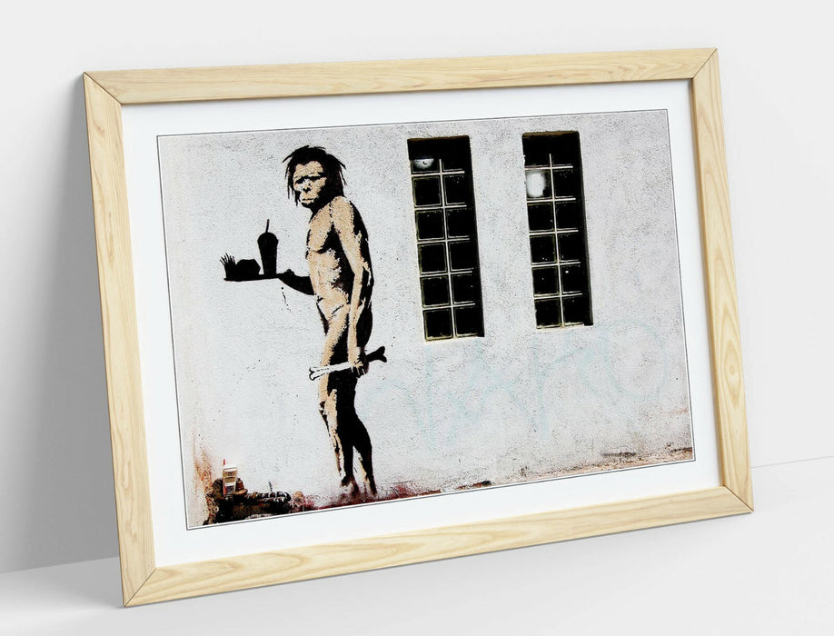 BANKSY FAST FOOD CAVEMAN -ART FRAMED POSTER PICTURE PRINT ARTWORK- GREY BLACK