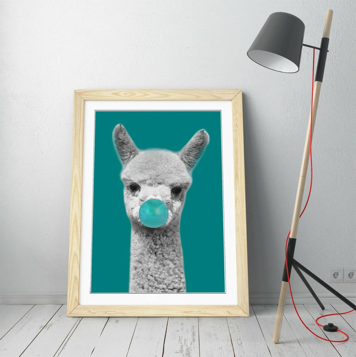 ALPACA BLACK WHITE TEAL BUBBLEGUM -FRAMED ART POSTER PICTURE PRINT ARTWORK