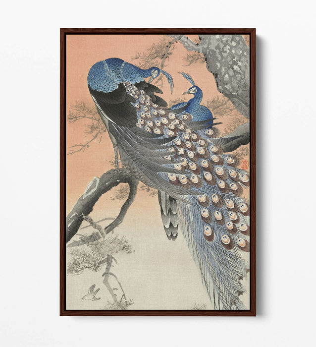 OHARA KOSON, TWO PEACOCKS ON TREE BRANCH -FLOAT EFFECT CANVAS WALL ART PIC PRINT