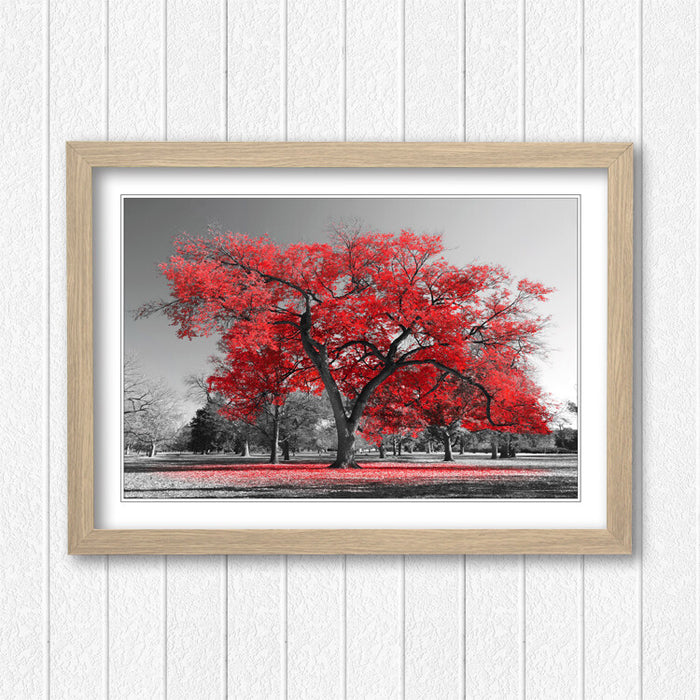 Framed Wall Art - Large Tree Red Leaves Poster With Natural Wood Frame