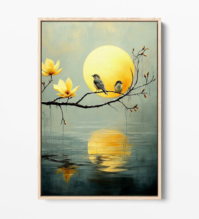 Canvas Wall Art - Perched Birds Artwork On Tree With Water Reflection | Float Effect