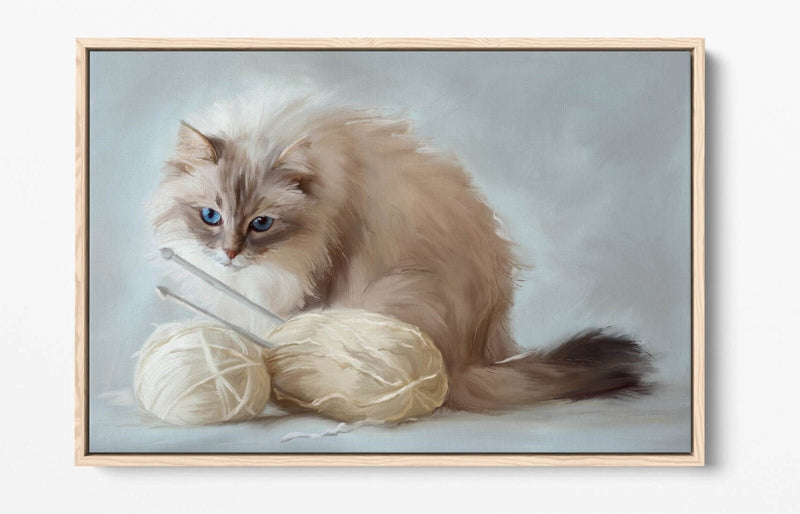 Fluffy White Cat Canvas – Handmade Premium Yarn Float Effect Wall Art Print