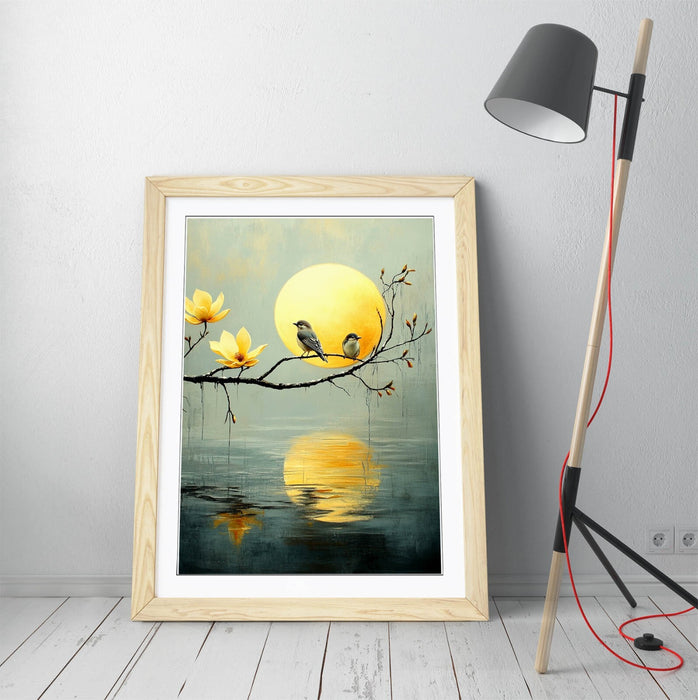 Framed Wall Art - Pretty Birds Perched on Tree Over Water Scene Artwork Print