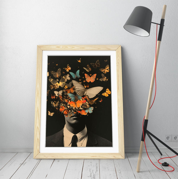 Framed Wall Art - Contemporary Man Portrait Poster with Butterflies | Handmade UK Frame