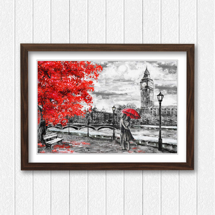 London Big Ben Grey Red Umbrella Wall Art Picture Framed Poster Print 4 sizes