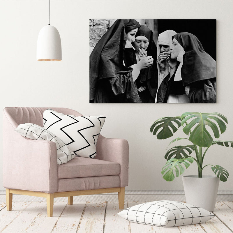 Vintage Canvas Wall Art – Nuns Smoking Artwork | Handmade Framed Canvas Print