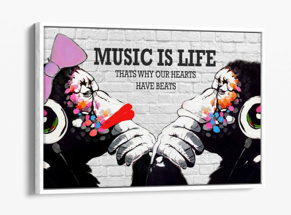 BANKSY DJ MONKEY MUSIC IS LIFE -FLOAT EFFECT CANVAS WALL ART PIC PRINT- PINK RED