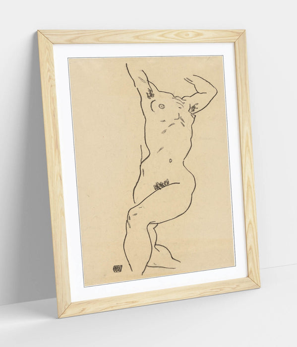 Framed Art Poster - Egon Schiele Reclining Nude Art Print With Woodgrain Frame
