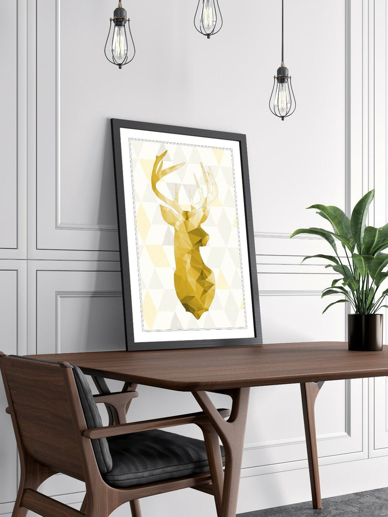 Framed Wall Art Print - Mustard Yellow Geometric Stag Head Artwork | Handmade UK