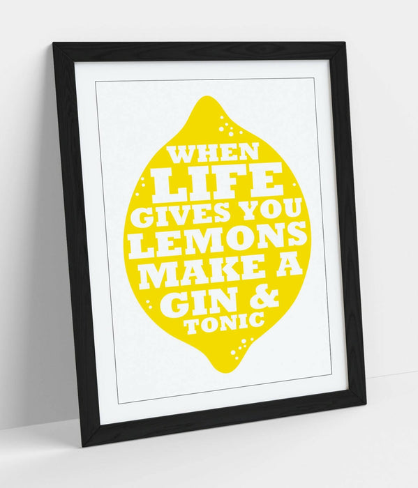 "LIFE LEMONS GIN & TONIC" FUNNY QUOTE KITCHEN -FRAMED WALL ART PICTURE PRINT