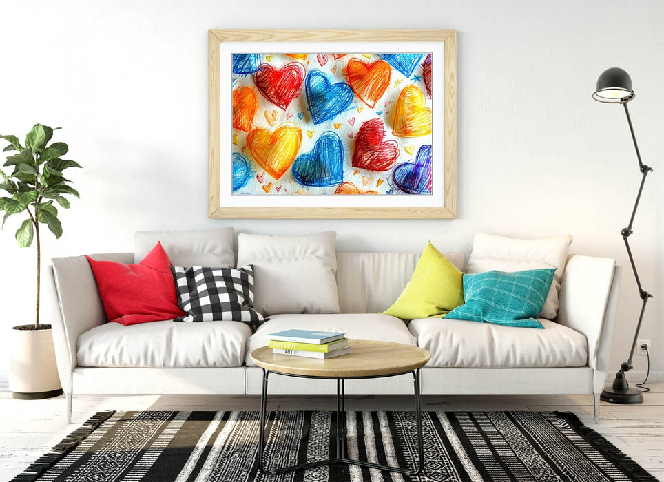 Framed Wall Art Poster – Multi Colour Hearts Print On White Background | Bedroom Decor