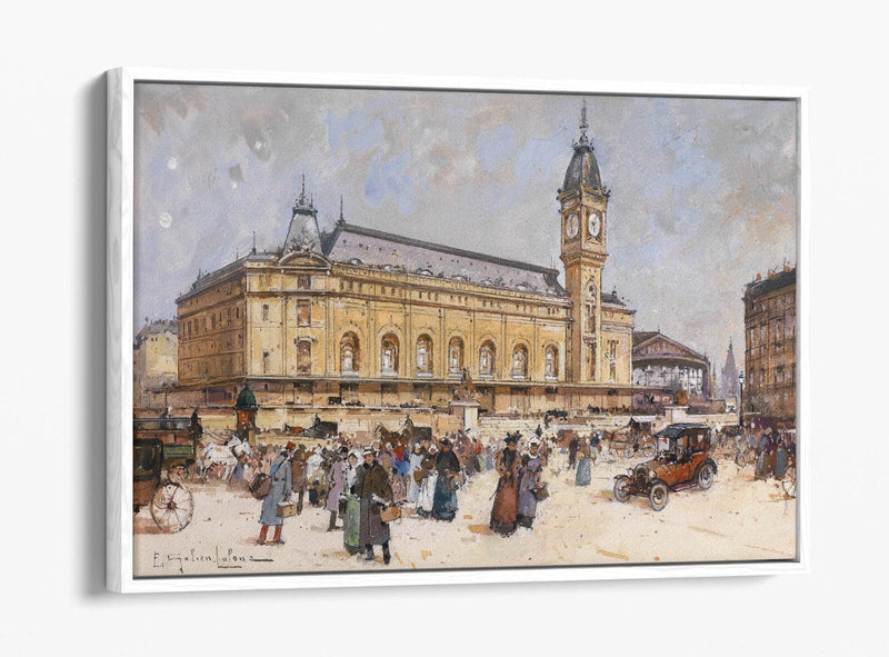 Float Effect Canvas Art – Eugene Galien-Laloue Lyon Station Painting on Custom MDF Frame