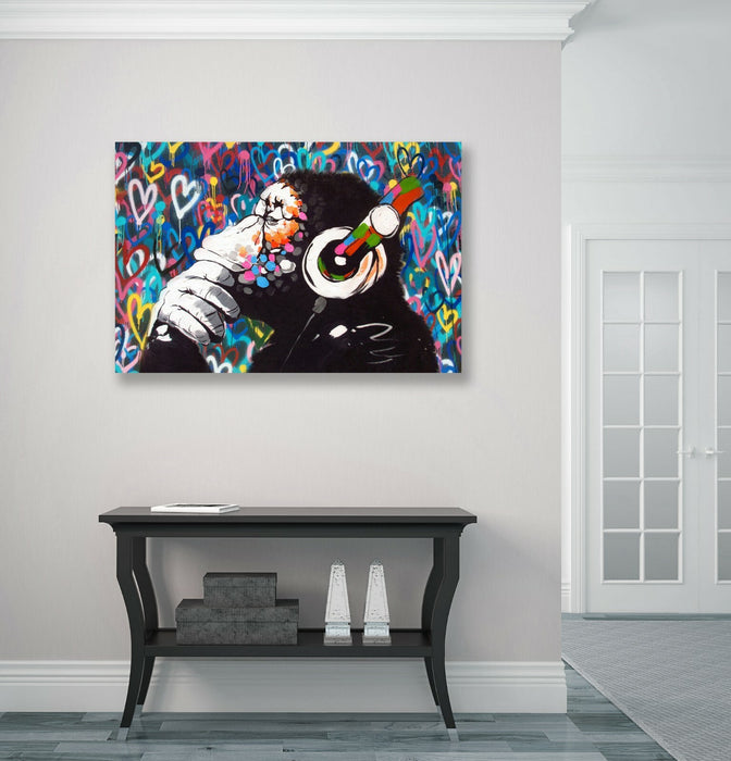 MONKEY DJ BANKSY LOVE WALL CANVAS STREET ART PICTURE PRINT FRAMED  -  GORILLA