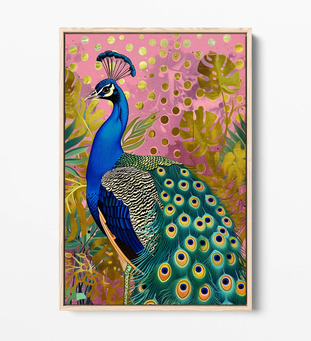 Peacock Canvas Art - Multi Colour Portrait With Float Effect Frame, Ready To Hang
