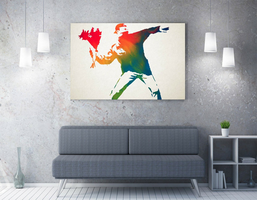 BANKSY, FLOWER THROWER RAINBOW -CANVAS WALL ART PRINT ARTWORK FRAMED