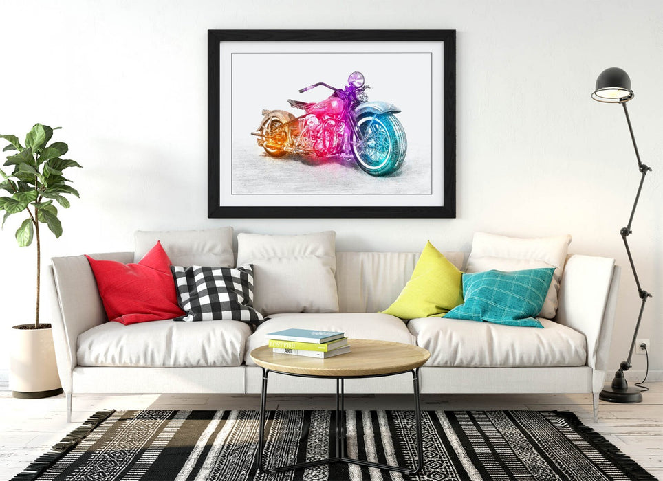 Motorcycle Art Poster – Framed Wall Art With Woodgrain Frame Finish | Handmade Print