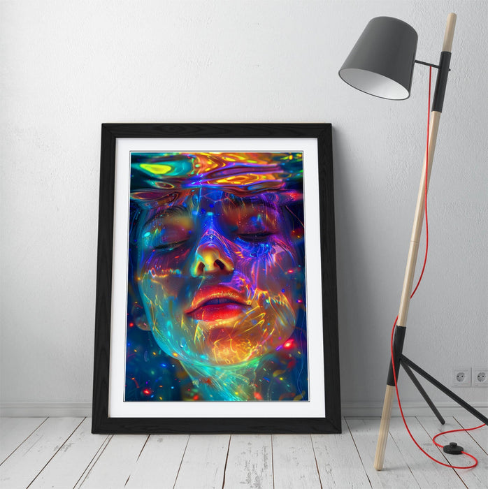 Underwater Woman Wall Art – Framed Multi Colour Portrait Poster Print with Woodgrain Frame