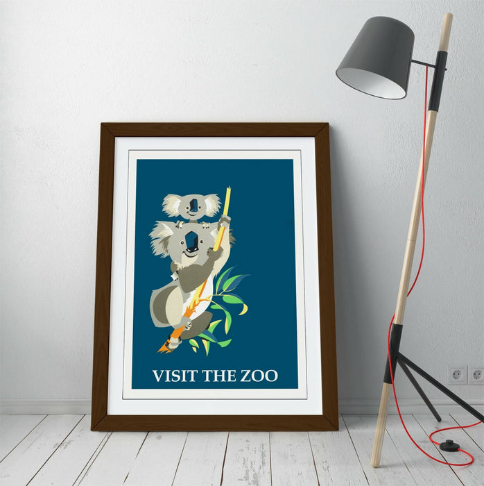 VINTAGE RETRO VISIT THE ZOO KOALA POSTER -FRAMED WALL ART PICTURE PRINT