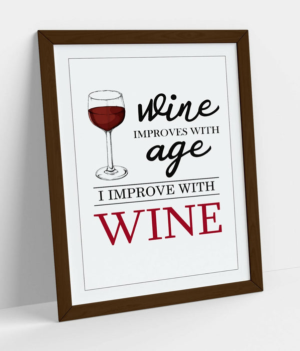 "I IMPROVE WITH WINE" HOME QUOTE SLOGAN -FRAMED WALL ART PICTURE PRINT