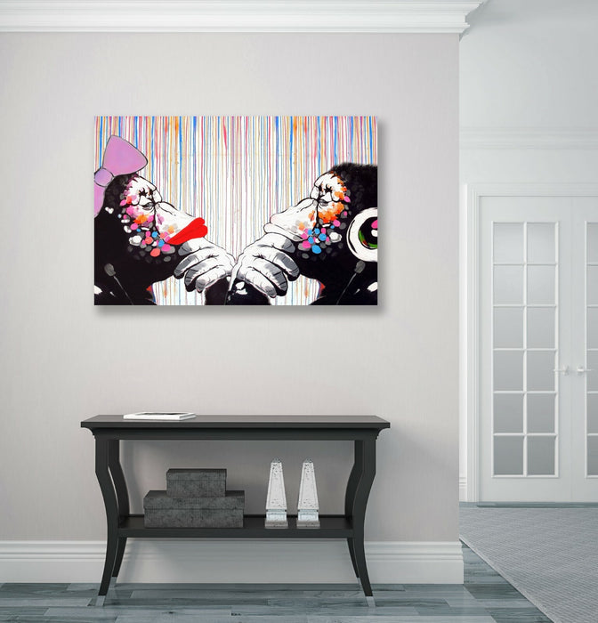 BANKSY CANVAS WALL ART PRINT DJ MONKEY COLOURED RAIN DUO ARTWORK GRAFFITI