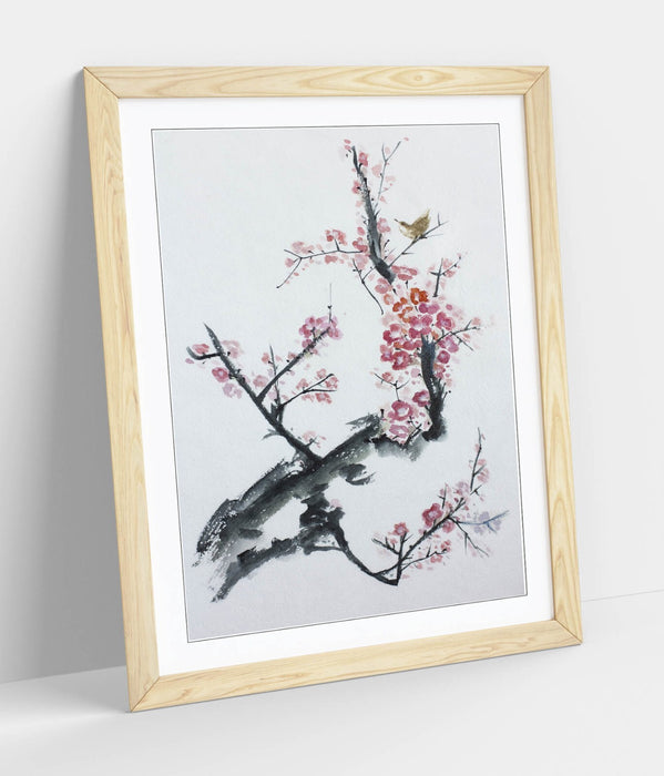 Framed Wall Art - Asian Tree Blossom Print With Woodgrain Frame Design