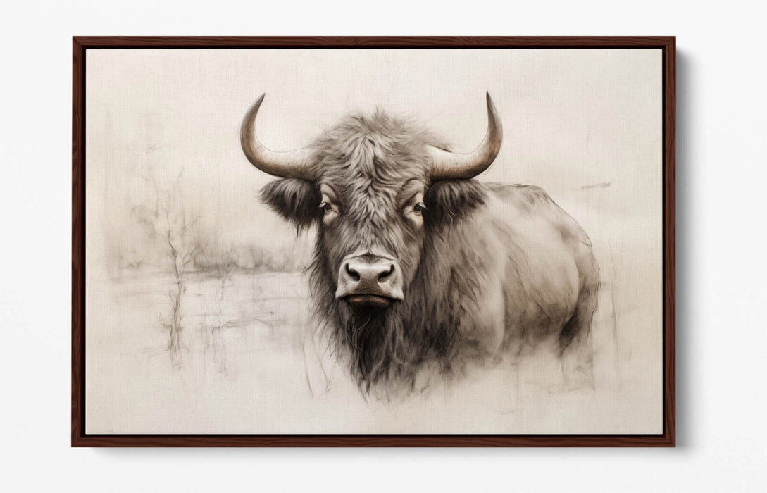 Highland Cow Canvas | Charcoal Sketch Print on Float Effect Canvas Wall Art