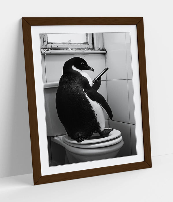 Funny Penguin Wall Art - Framed Poster Print With Toilet Humor For Bathroom Decor