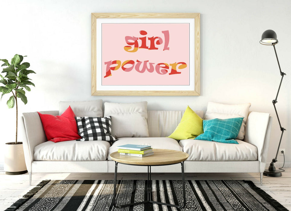 "GIRL POWER" GROOVY FEMINIST QUOTE 3 -FRAMED WALL ART PICTURE PRINT- PINK YELLOW