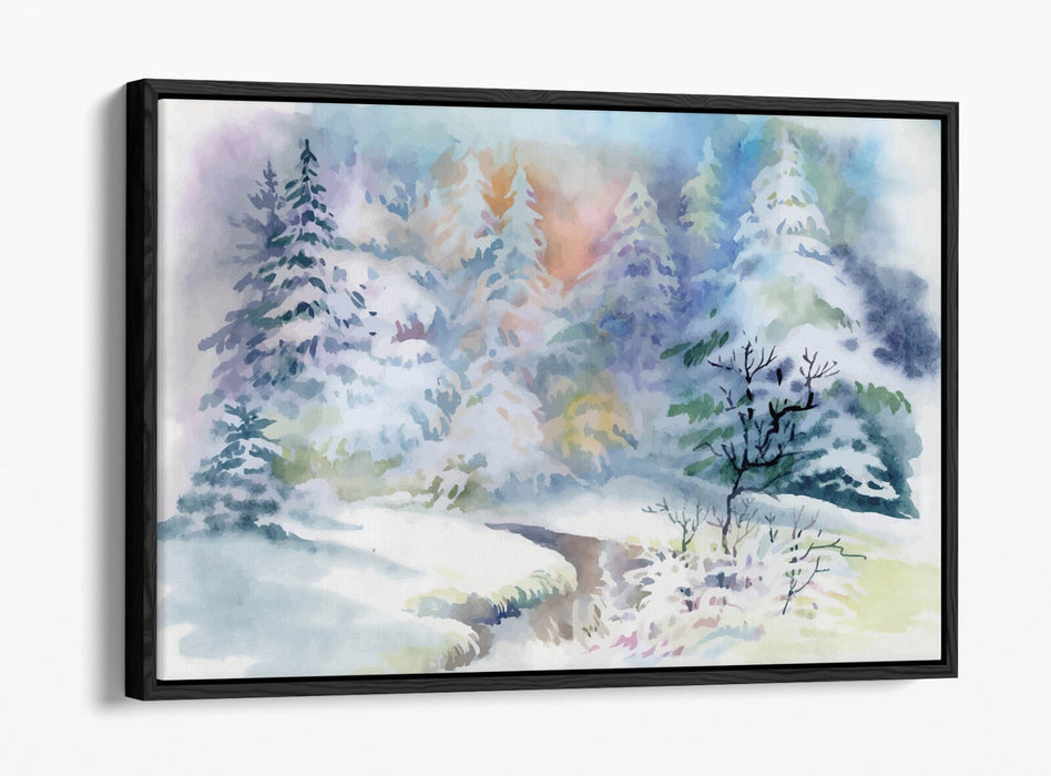Canvas Wall Art Print – Watercolour Forest Winter Illustration With Float Effect Frame