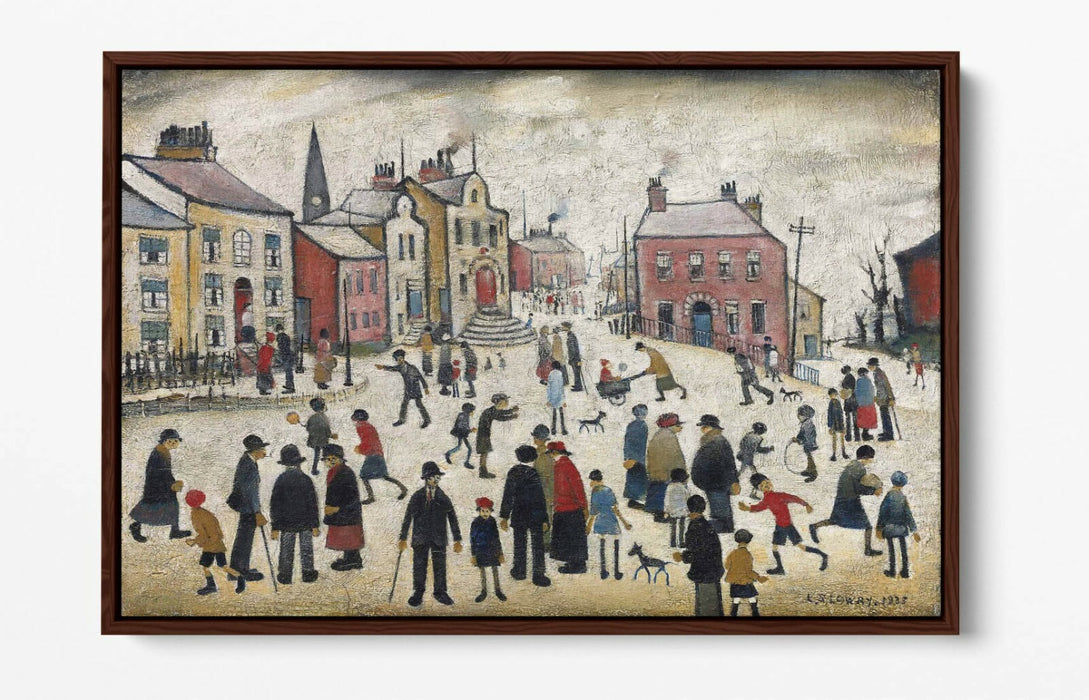 LS LOWRY, PEOPLE STANDING ABOUT -FLOAT EFFECT CANVAS WALL ART PIC PRINT- BEIGE