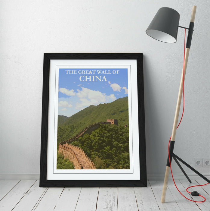 VINTAGE GREAT WALL OF CHINA TRAVEL POSTER -FRAMED WALL ART PICTURE PRINT- BLUE