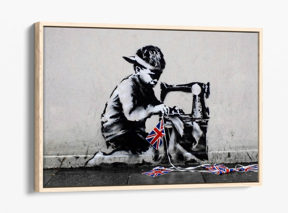 BANKSY SLAVE LABOUR -FLOAT EFFECT CANVAS WALL ART PIC PRINT- BLACK & WHITE