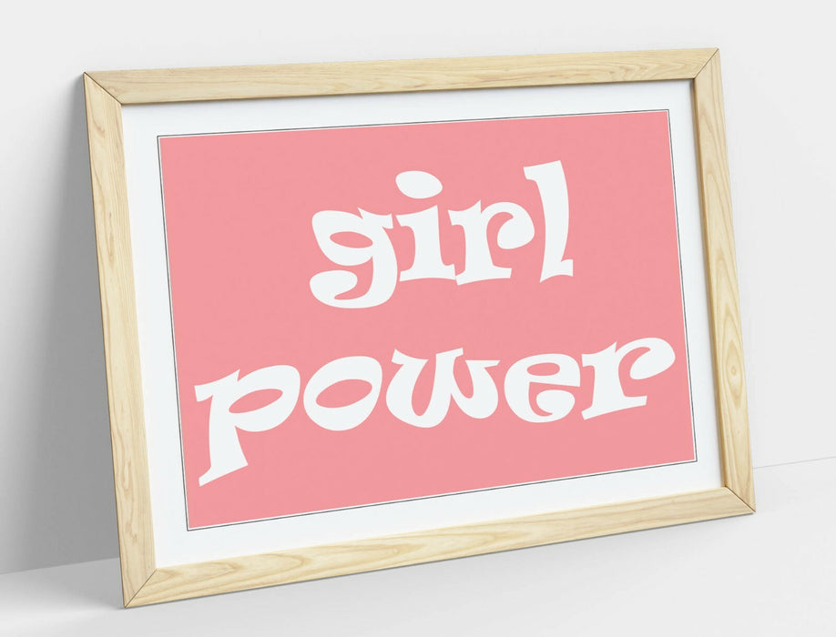 "GIRL POWER" GROOVY FEMINIST QUOTE 2 -FRAMED WALL ART PICTURE PRINT- PINK WHITE