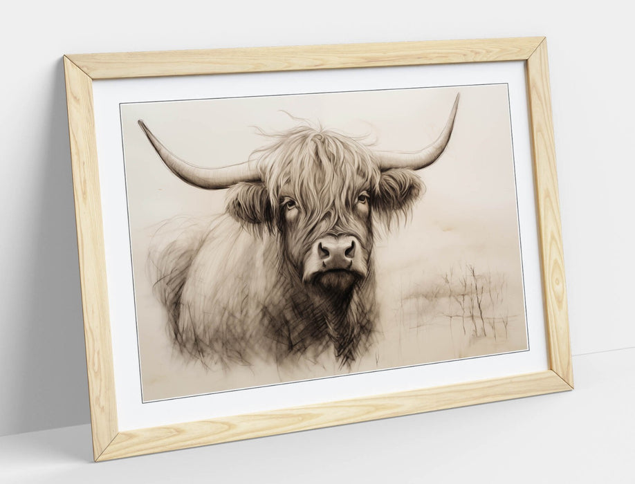 Highland Cow Wall Art – Framed Charcoal Sketch Print on Matte Paper, Handmade UK
