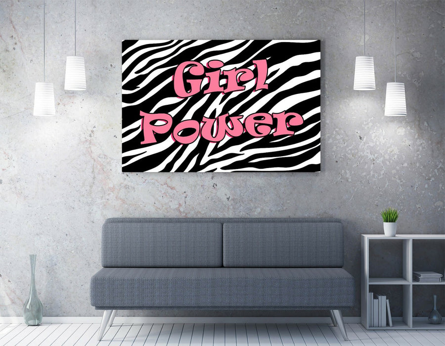 "GIRL POWER" FUNKY Y2K FEMINIST QUOTE ZEBRA -CANVAS WALL ART PICTURE PRINT- PINK