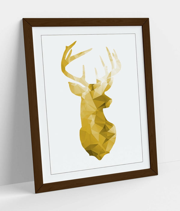 Framed Stag Head Poster – Mustard Yellow Geometric Wall Art with Woodgrain Frame