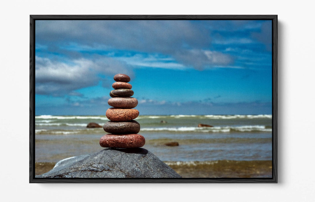 Canvas Wall Art – Stacked Zen Stones Float Effect on Seashore Beach Print