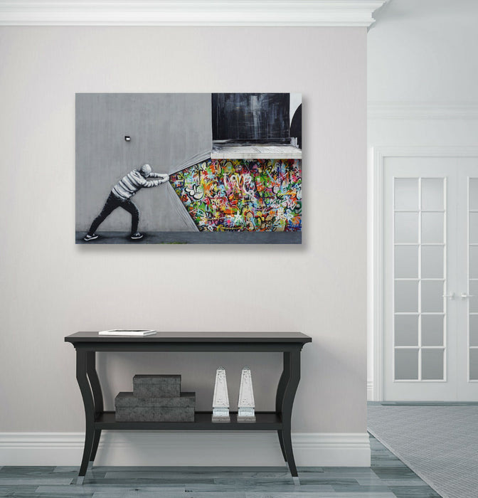BANKSY WHATS BEHIND THE CURTAIN WHATSON CANVAS WALL ART PRINT ARTWORK GRAFFITI