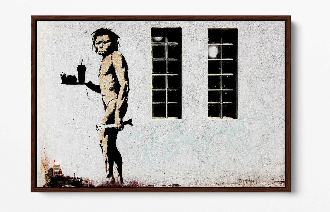 BANKSY FAST FOOD CAVEMAN -FLOAT EFFECT CANVAS WALL ART PIC PRINT- GREY BLACK