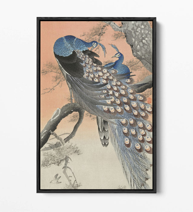 OHARA KOSON, TWO PEACOCKS ON TREE BRANCH -FLOAT EFFECT CANVAS WALL ART PIC PRINT
