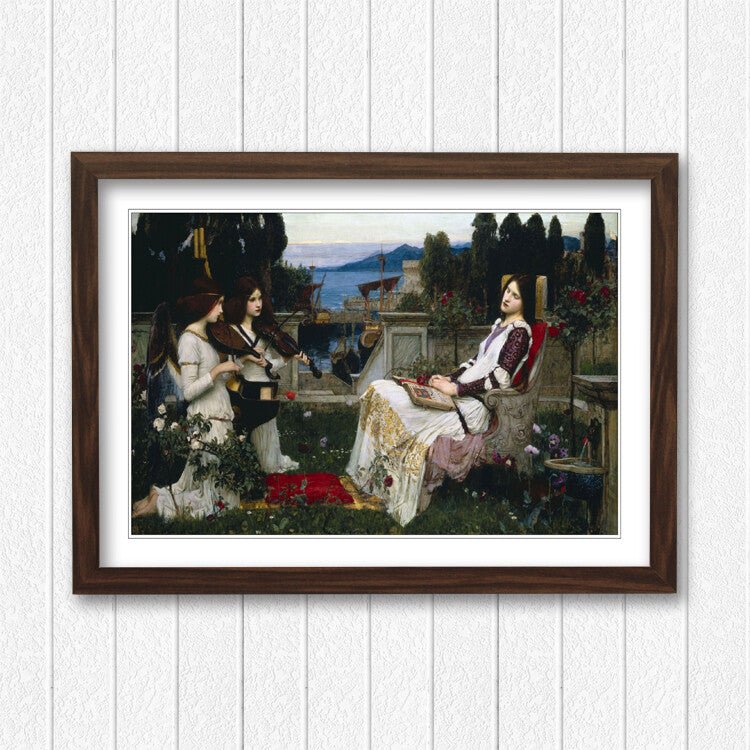 St Cecelia Framed Art – John William Waterhouse Classic Art Print With Faux Wood Grain Frame