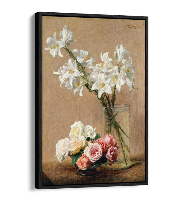 Float Effect Canvas Art - Henri Fantin-Latour Roses And Lilies Print On Premium Frame