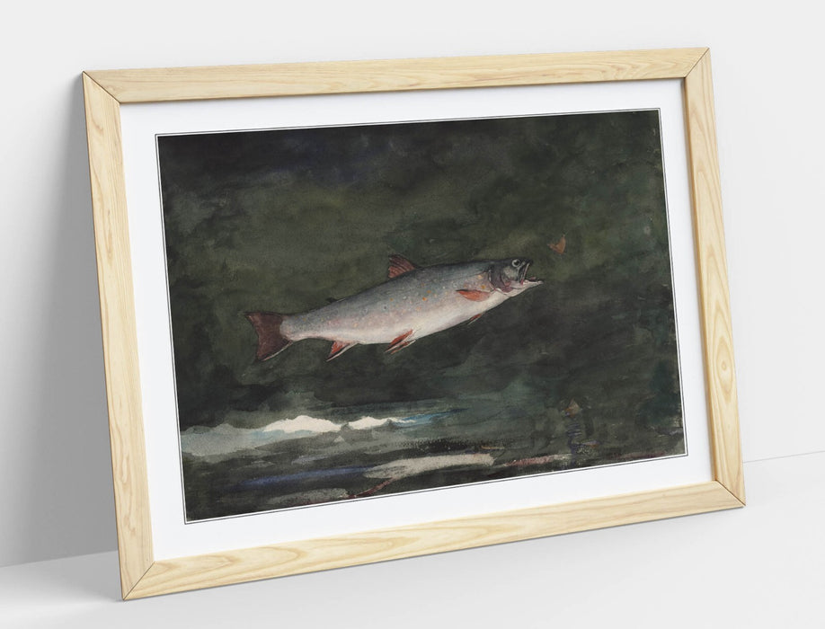 Framed Wall Art - Winslow Homer Leaping Trout Poster Print With Woodgrain Faux Frame